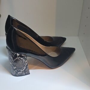Black Patent Leather Pumps with Snakeskin Heel